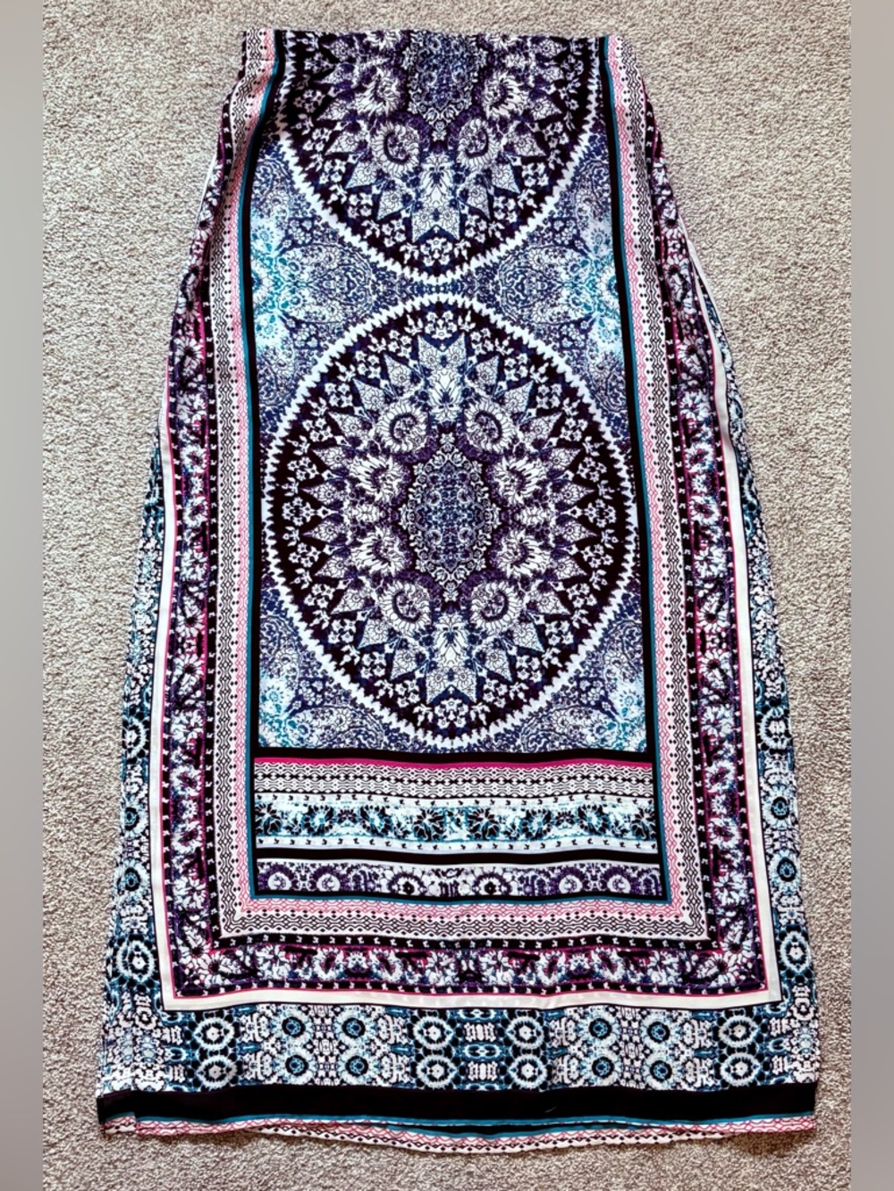 Express Boho Medallion Floral Double High Split Lined Maxi Skirt Elastic Waist